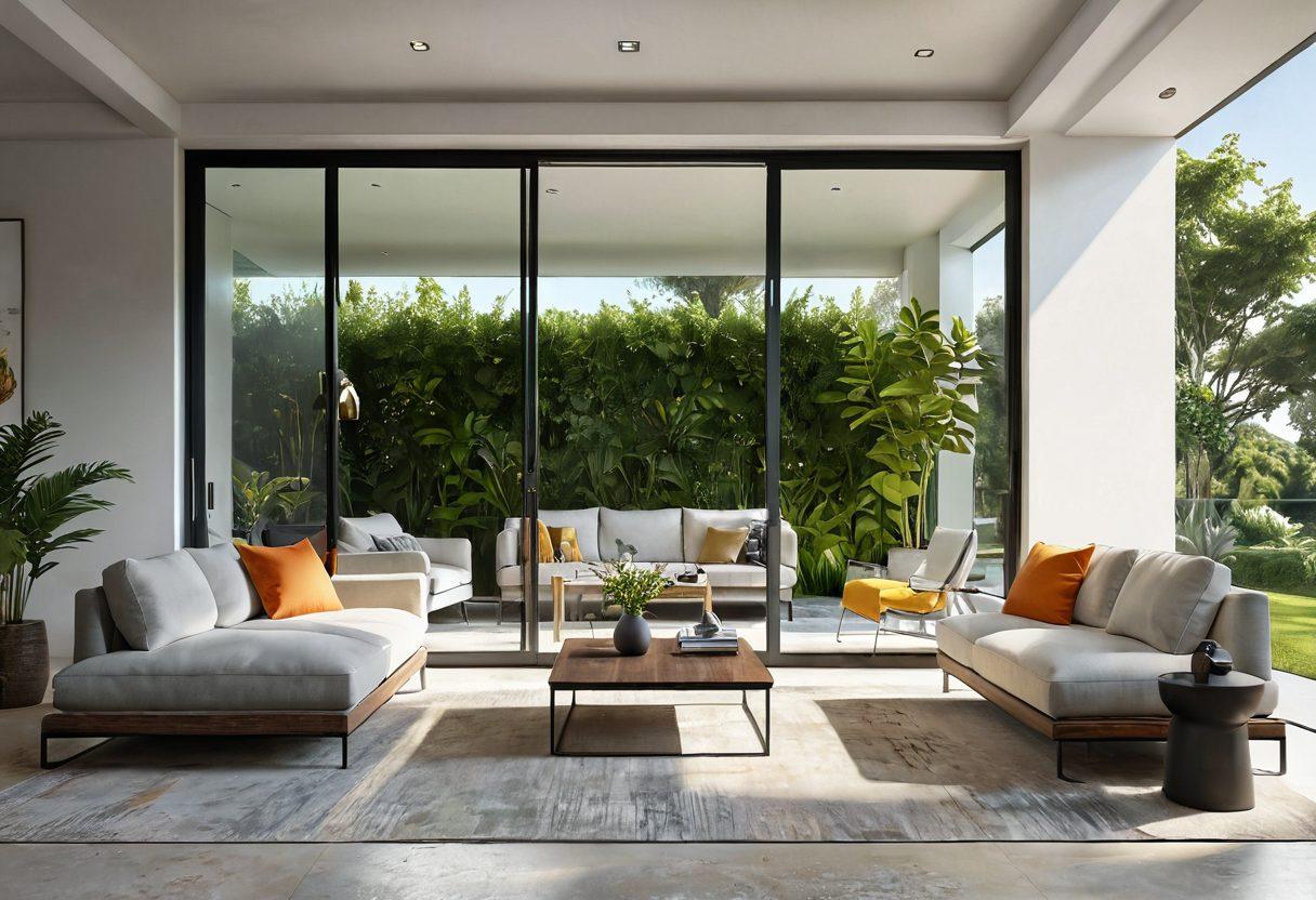 An elegant modern living room featuring a sleek sliding door that seamlessly blends indoor and outdoor spaces. Highlight innovative sliding products, such as stylish hardware and multifunctional furniture, amidst a vibrant decor. Sunlight pours in, casting warm hues, while lush greenery outside adds a refreshing vibe. Showcase an inviting atmosphere that feels both cozy and futuristic. super-realistic. vibrant colors. 3D.