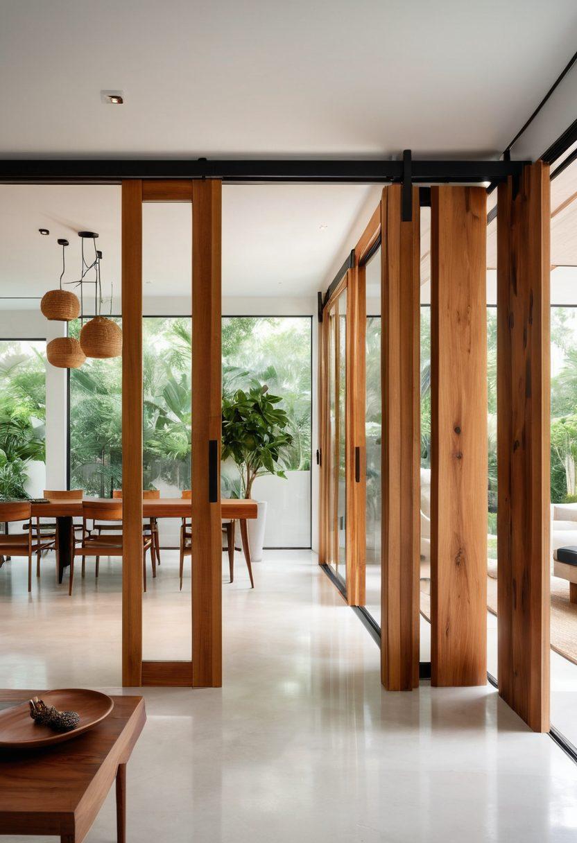A beautifully designed interior space showcasing various innovative sliding techniques, with sleek sliding doors, chic partitions, and a smooth, minimalist aesthetic. Elements of nature peeking through glass panels, creating a harmonious blend of indoor and outdoor environments. The lighting is soft and inviting, enhancing the warmth of the wood accents. Include an array of modern furniture to highlight the versatility of sliding designs. super-realistic. vibrant colors. bright white background.
